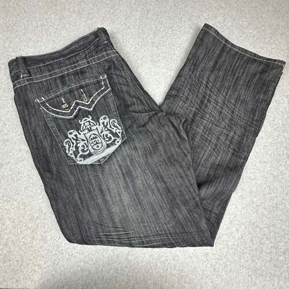 Fusai Mens Y2K Baggy Jeans Black Denim Embroidered Crest Size 42 Streetwear